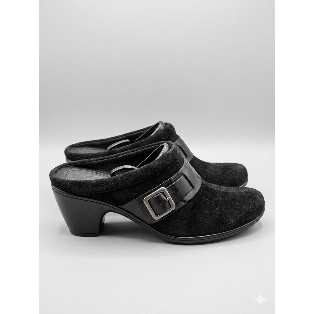 Clarks Bendables Women's Black Leather Slip On Heeled Harness Clogs Mules Sz 8 M